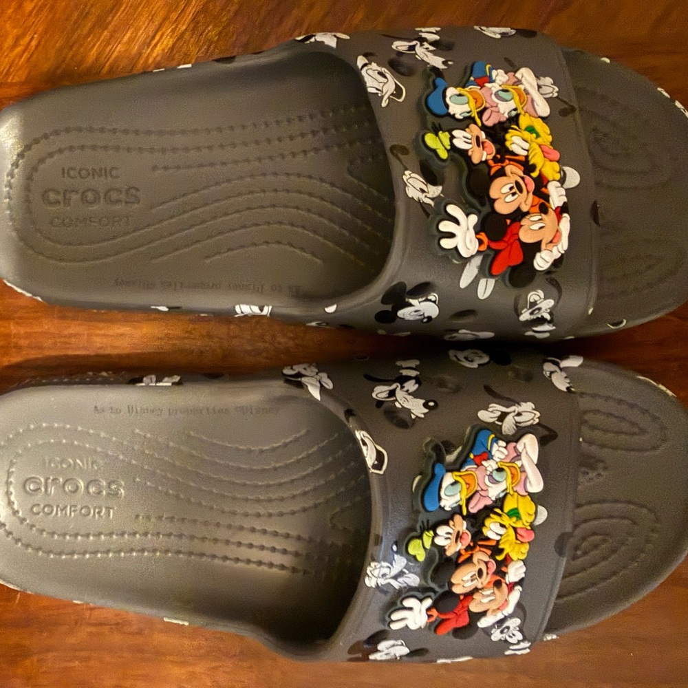 CROCS Gray and Multicolor Disney Character Slide Sandals